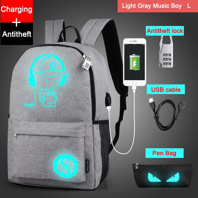 Noctilucent Cartoon Teenager Backpack School Bags for boy Night Lighting Bags with free USB+Pen Bag+Antitheft Lock