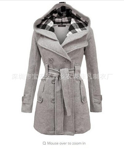 Autumn Elegant Vintage Office Lady Women Overcoats Slim Plain Belt Girls Winter Gray Female Coats hooded double-breasted 2XL 3XL