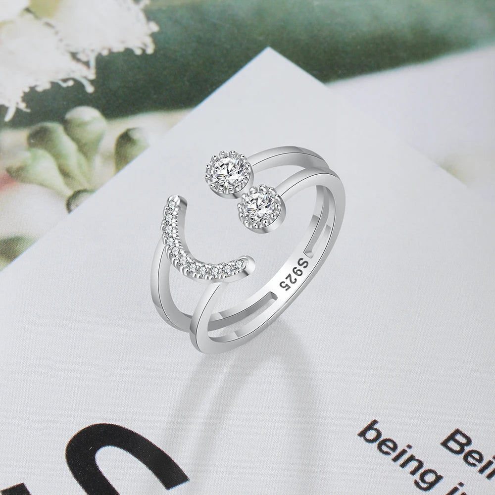 Resizable 925 Sterling Silver Ring Sparkling Cubic Zirconia Smile Face Design Adjustable Ring S925 Silver Jewelry (Lam Hub Fong)