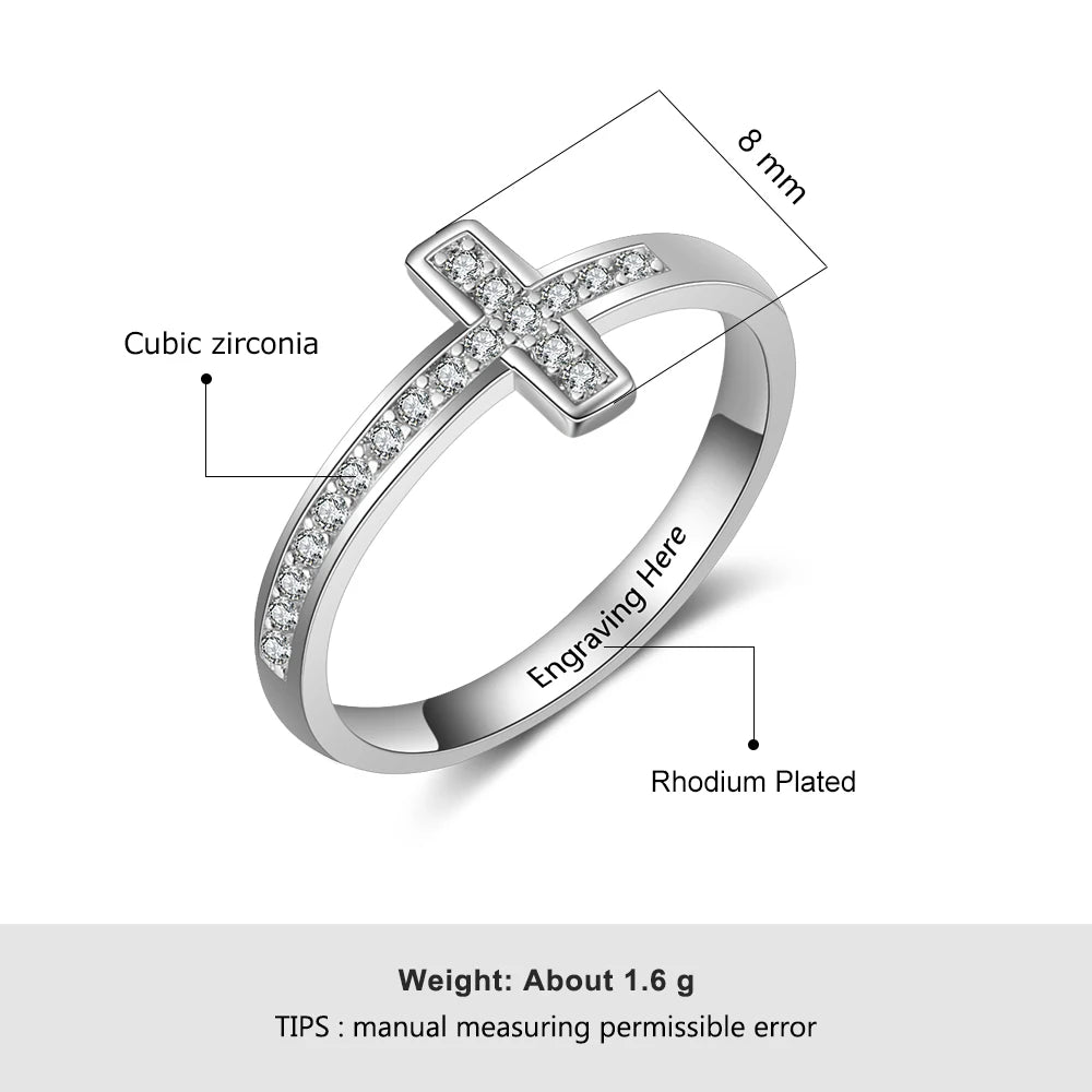 Personalized Cubic Zirconia Cross Rings for Women Customized Inner Engraved Name Ring Jewelry Gift for Girls (JewelOra RI103801)