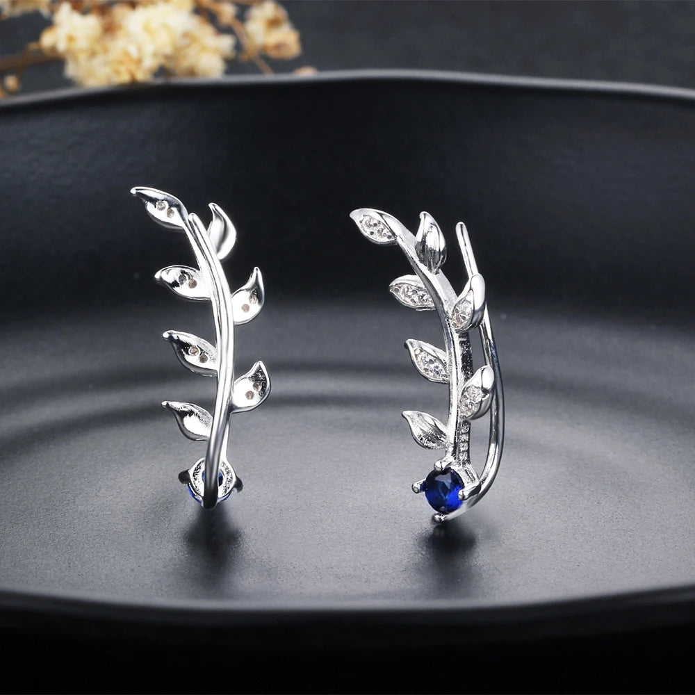 Royal Blue Ear Climber Earrings Zirconia Leaves Branch 925 Sterling Silver Stud Earrings for Women Wedding Jewelry(Lam Hub Fong)