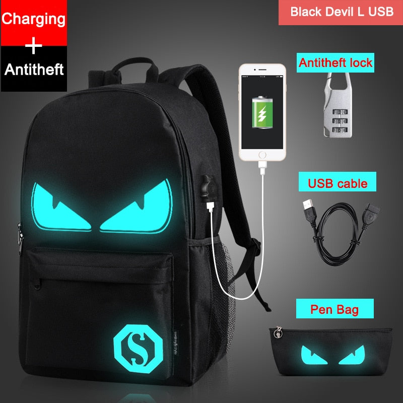 Noctilucent Cartoon Teenager Backpack School Bags for boy Night Lighting Bags with free USB+Pen Bag+Antitheft Lock