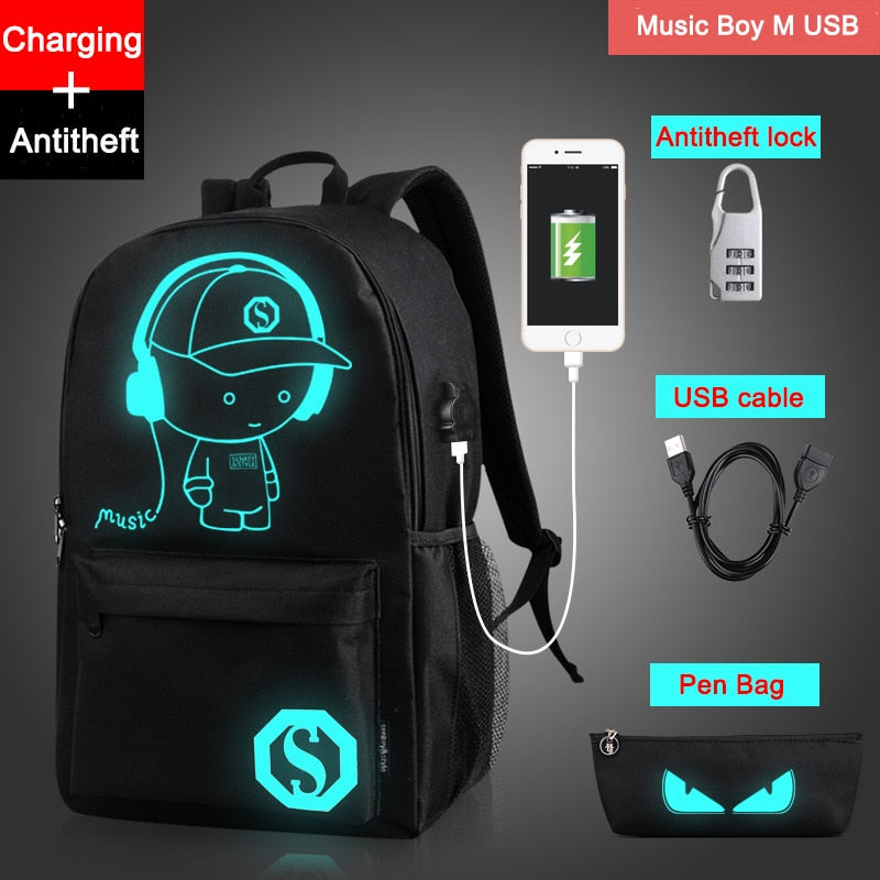 Noctilucent Cartoon Teenager Backpack School Bags for boy Night Lighting Bags with free USB+Pen Bag+Antitheft Lock