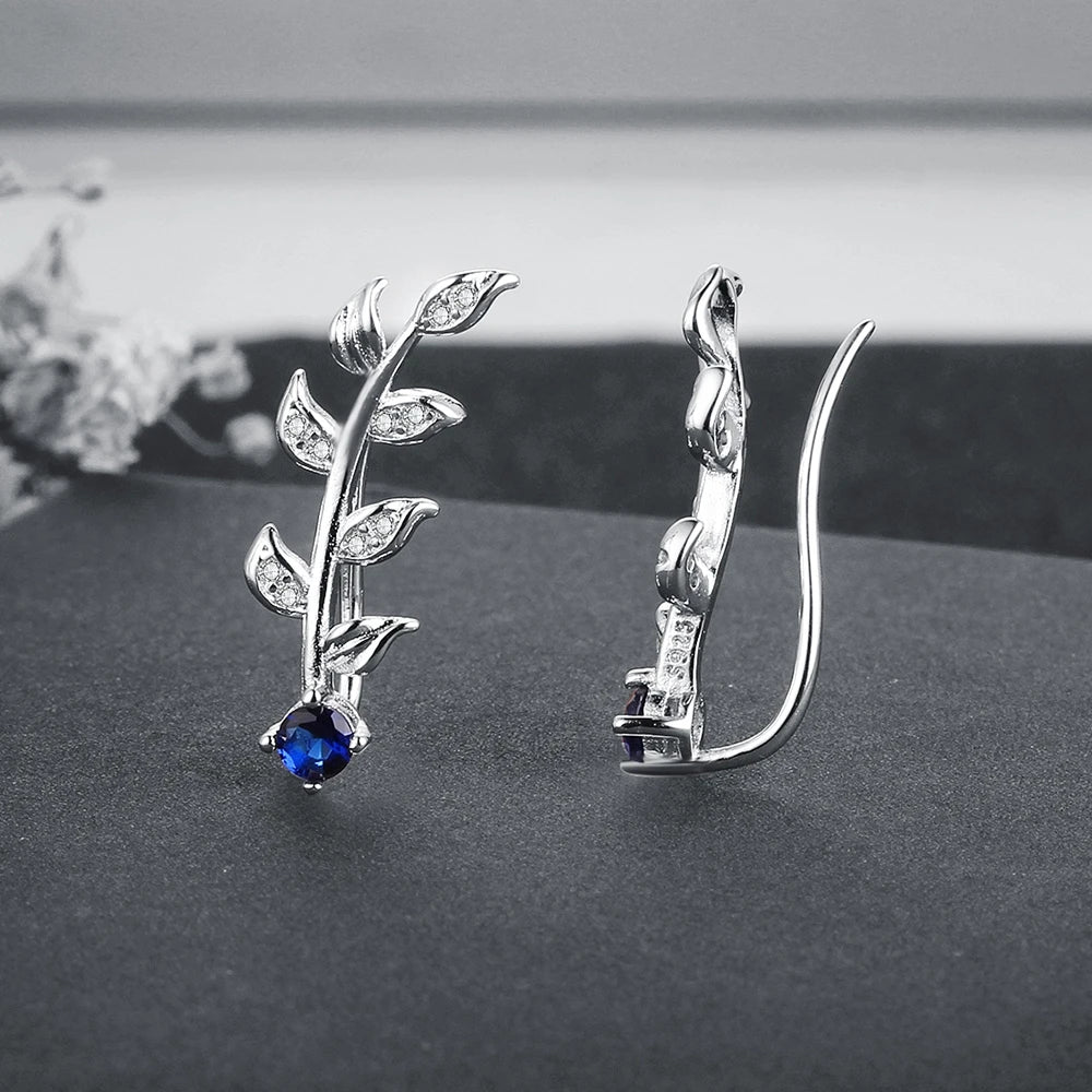 Royal Blue Ear Climber Earrings Zirconia Leaves Branch 925 Sterling Silver Stud Earrings for Women Wedding Jewelry(Lam Hub Fong)