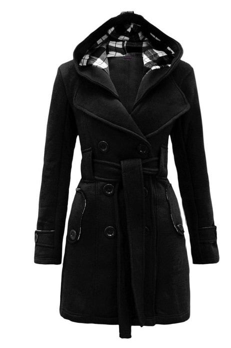 Autumn Elegant Vintage Office Lady Women Overcoats Slim Plain Belt Girls Winter Gray Female Coats hooded double-breasted 2XL 3XL