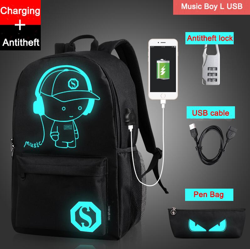 Noctilucent Cartoon Teenager Backpack School Bags for boy Night Lighting Bags with free USB+Pen Bag+Antitheft Lock