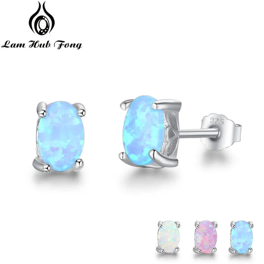 925 Sterling Silver Stud Earrings for Women Cute 4mm Created Oval White Pink Blue Fire Opal Earrings Fine Jewelry (Lam Hub Fong)