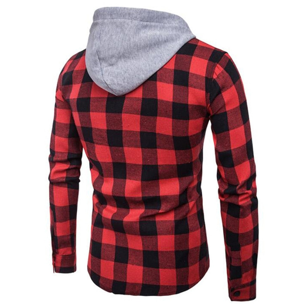 Covrlge Men's Fashion Hooded Shirt - Autumn New Arrival, Long Sleeve Red Plaid Shirt with Casual Denim Details. Perfect for Men's Fashion, this Shirt is Available in Big Sizes for a Comfortable Fit.