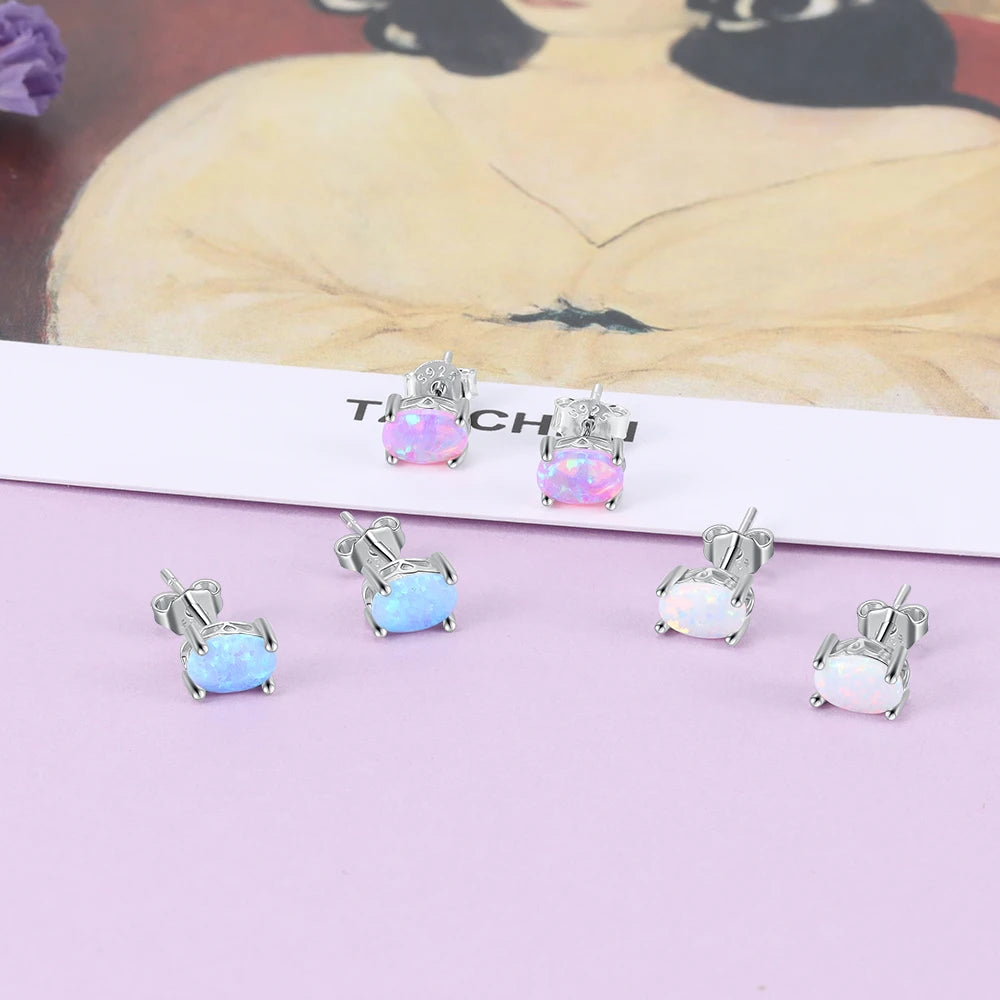 925 Sterling Silver Stud Earrings for Women Cute 4mm Created Oval White Pink Blue Fire Opal Earrings Fine Jewelry (Lam Hub Fong)
