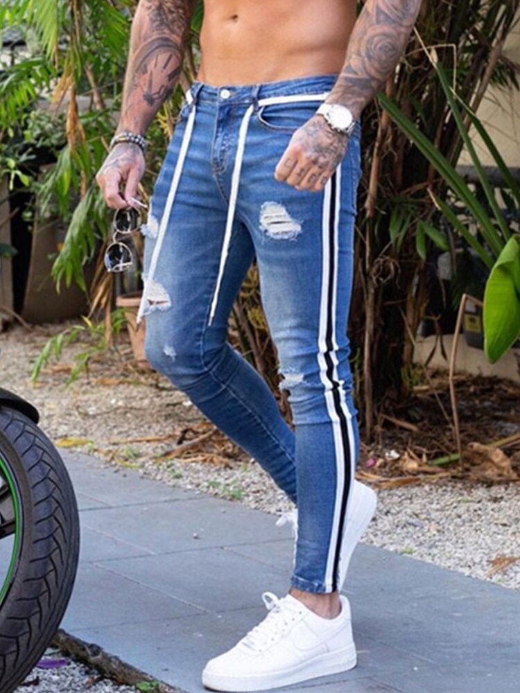 Men's Ripped Pencil Pants Men Skinny Denim Biker Side Striped Jeans Men's Fashion Foot Mouth Zipper Hip-Hop Slim Denim Trousers