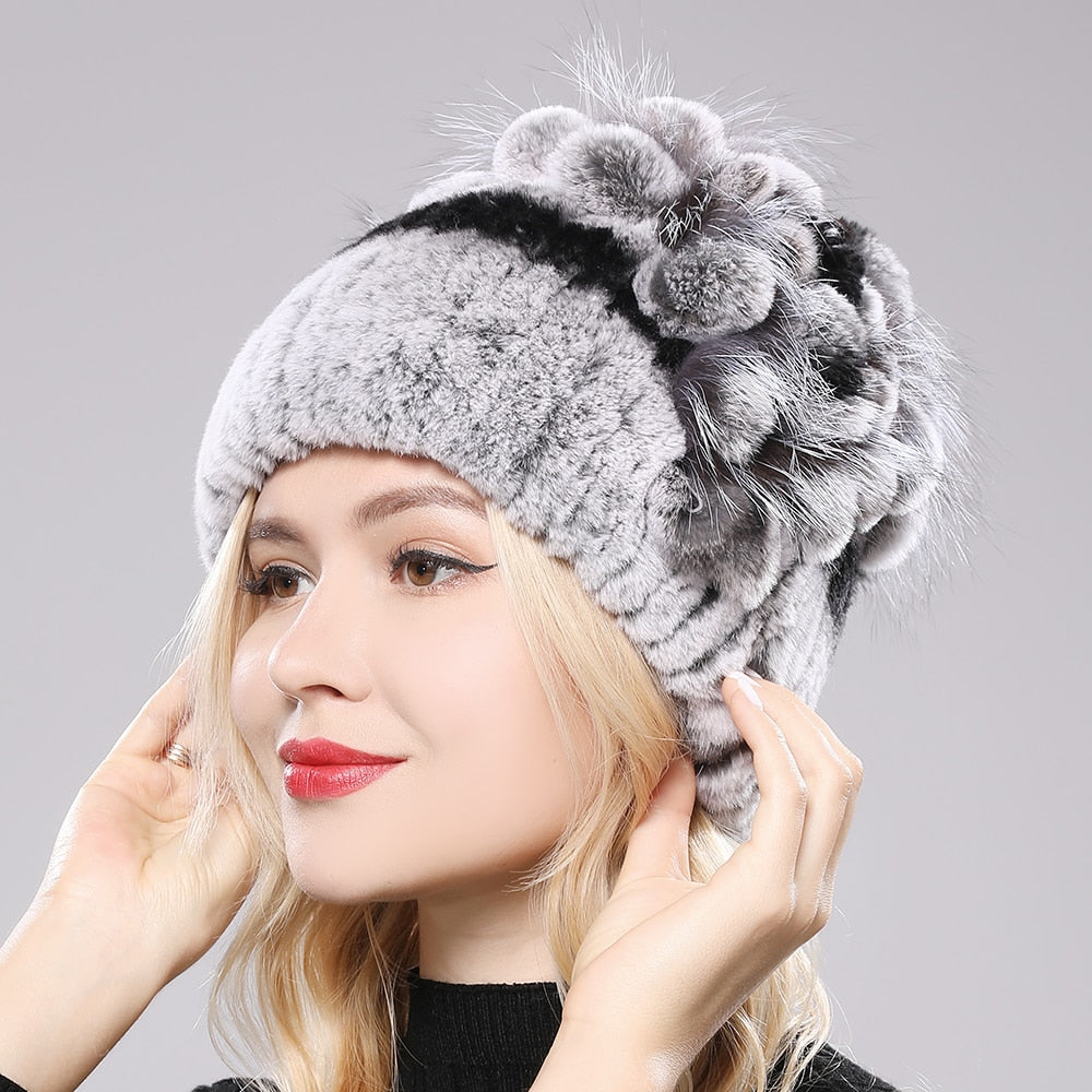 Brand Women Genuine Rex Rabbit Fur Hats Winter Rex Rabbit Fur Beanies Striped Top Flower Fox Fur Warm Real Fur Knit Caps