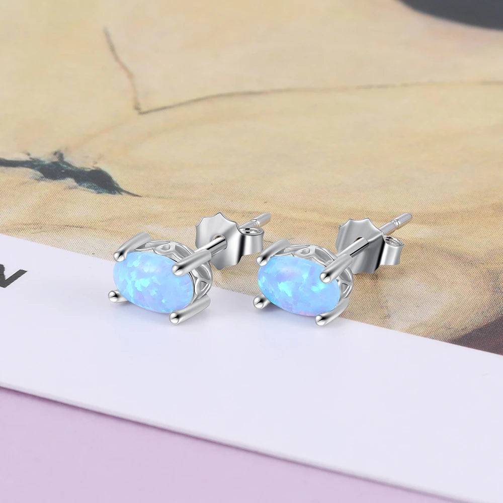 925 Sterling Silver Stud Earrings for Women Cute 4mm Created Oval White Pink Blue Fire Opal Earrings Fine Jewelry (Lam Hub Fong)