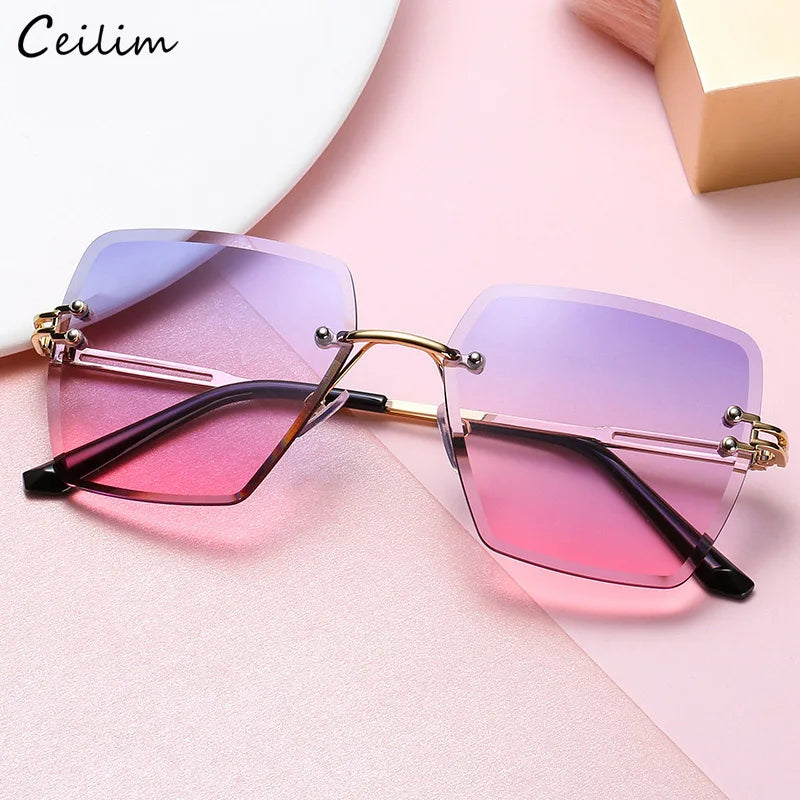 New Fashion Rimless Gradient Sunglasses Women 2024 Luxury Brand Frameless Square Sun Glasses Clear Blue Shades Dropshipping