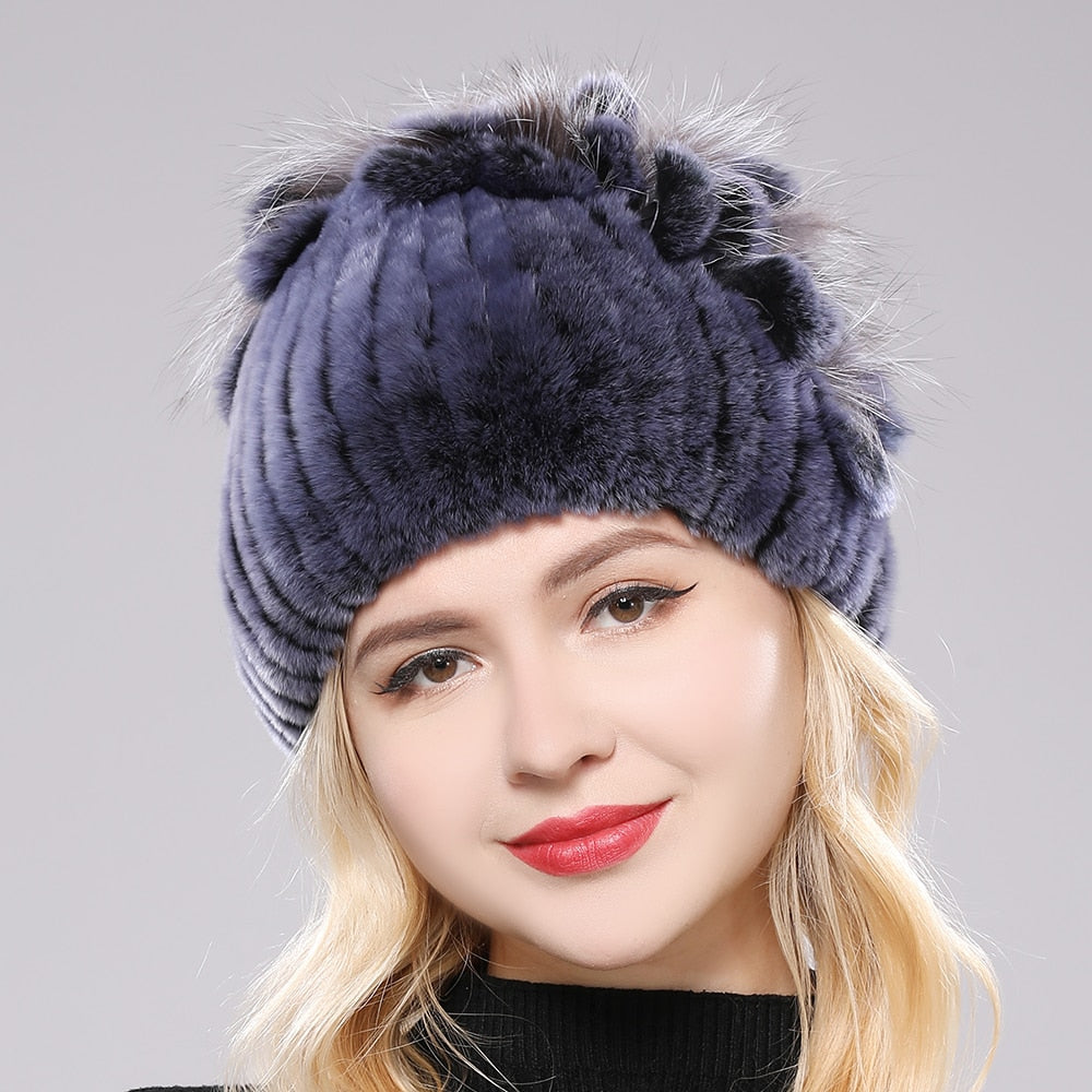 Brand Women Genuine Rex Rabbit Fur Hats Winter Rex Rabbit Fur Beanies Striped Top Flower Fox Fur Warm Real Fur Knit Caps