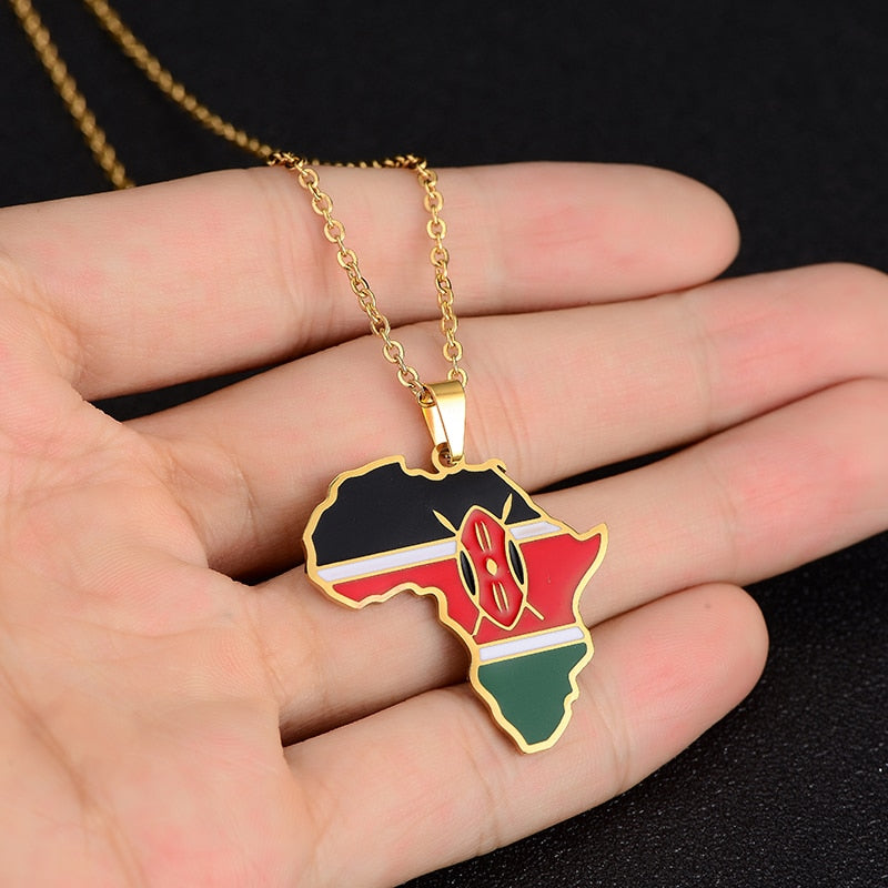 Africa Map Flag Pendant Necklace Gold Color Stainless Steel Ghana Nigeria Congo Somalia Angola Liberia African Jewelry Gift