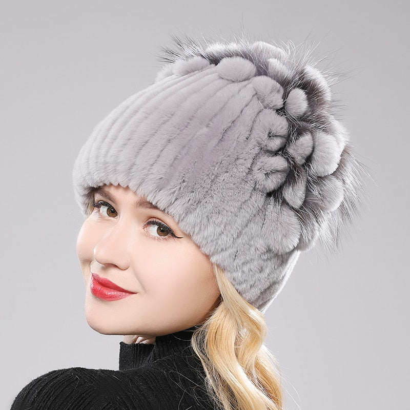 Brand Women Genuine Rex Rabbit Fur Hats Winter Rex Rabbit Fur Beanies Striped Top Flower Fox Fur Warm Real Fur Knit Caps