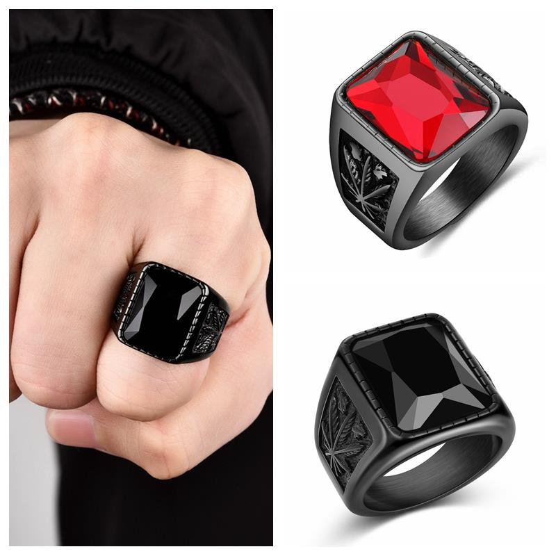 Men Hiphop Ring 316L Stainless Steel Black/Red Stone Ring Rock Fashion Male Jewelry Wedding Rings Accessories Wholesale