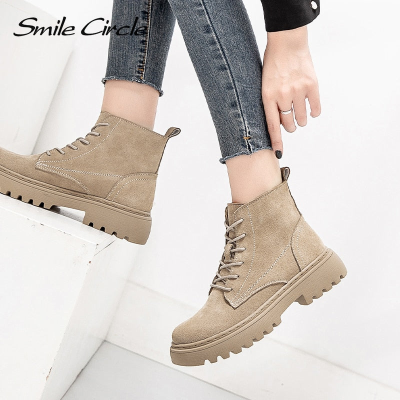 Smile Circle Ankle Boots Suede Leather women Flat platform Short Boots Ladies shoes fashion Autumn winter boots