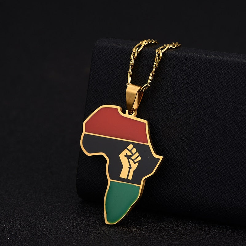 African Map Fist Symbol Pendant Necklaces Stainless Steel Men Women Africa Maps Black Lives Matter Ethnic Jewelry