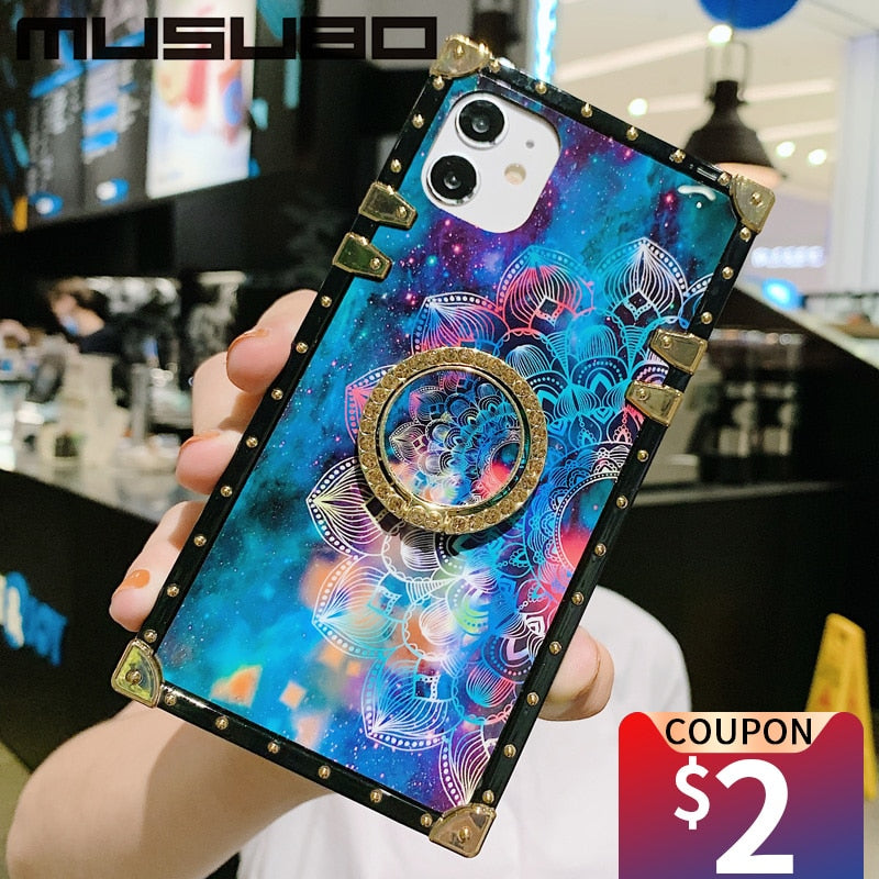 Luxury Silicon Ring Phone Case For iPhone 14 Plus 13 PRO 12 11 Pro Max XS XR SE 3 7 8 Plus Brand Coque Soft Square Cover Fundas