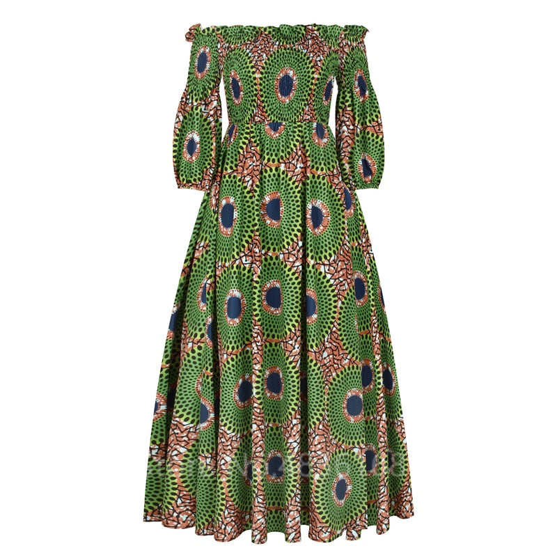 African National Print Party Dress Women Casual Sexy Slash-neck Lady Maxi Dress New Vintage Long-sleeved Loose Elegant Dresses