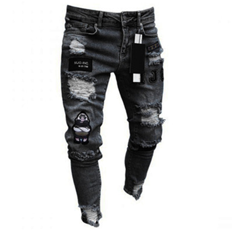 Men's Ripped Pencil Pants Men Skinny Denim Biker Side Striped Jeans Men's Fashion Foot Mouth Zipper Hip-Hop Slim Denim Trousers