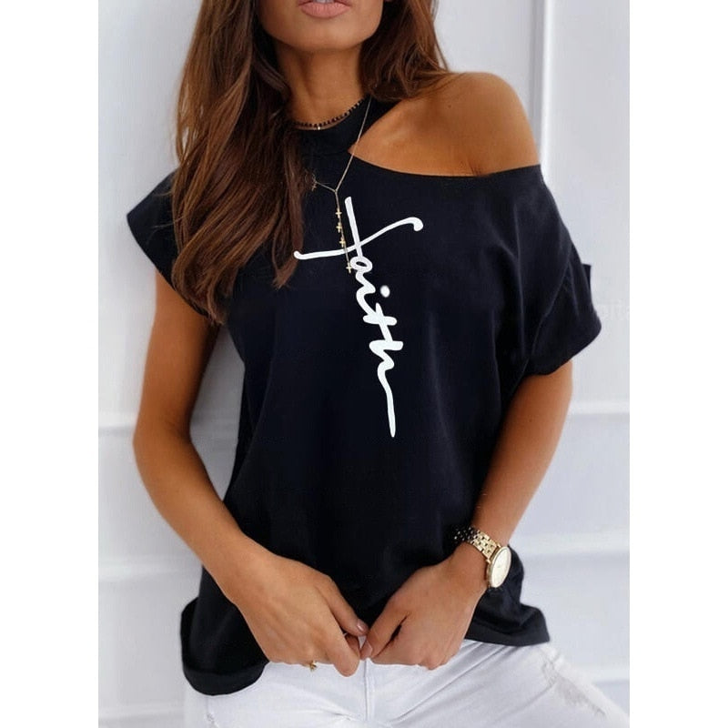 Women Tops Sexy Off Shoulder Summer T-Shirts Casual Print T-Shirt Short Sleeve O-neck Pullovers Tops Fashion Street Tee