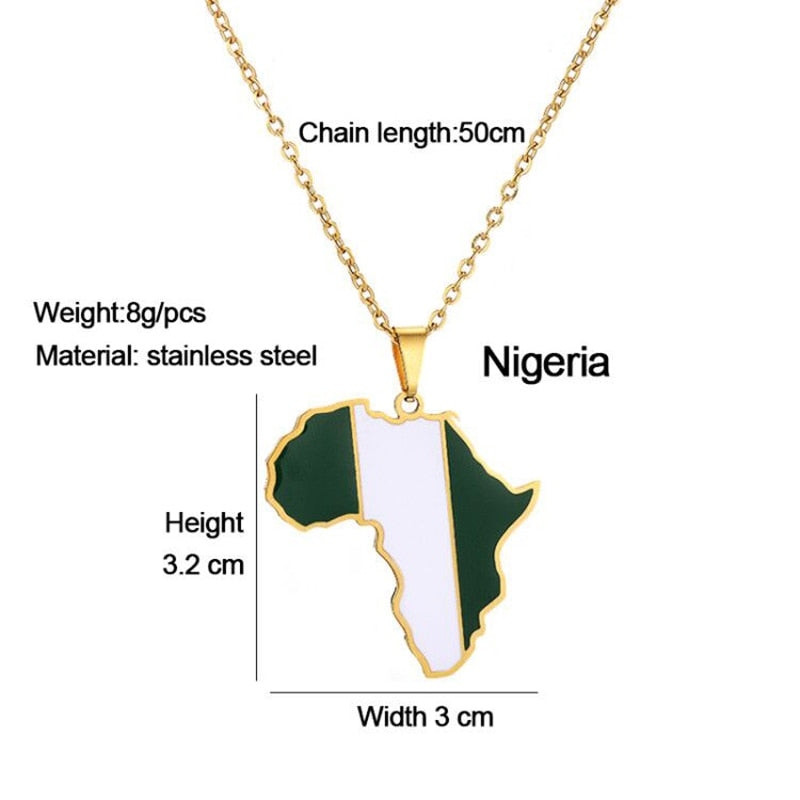 Africa Map Flag Pendant Necklace Gold Color Stainless Steel Ghana Nigeria Congo Somalia Angola Liberia African Jewelry Gift