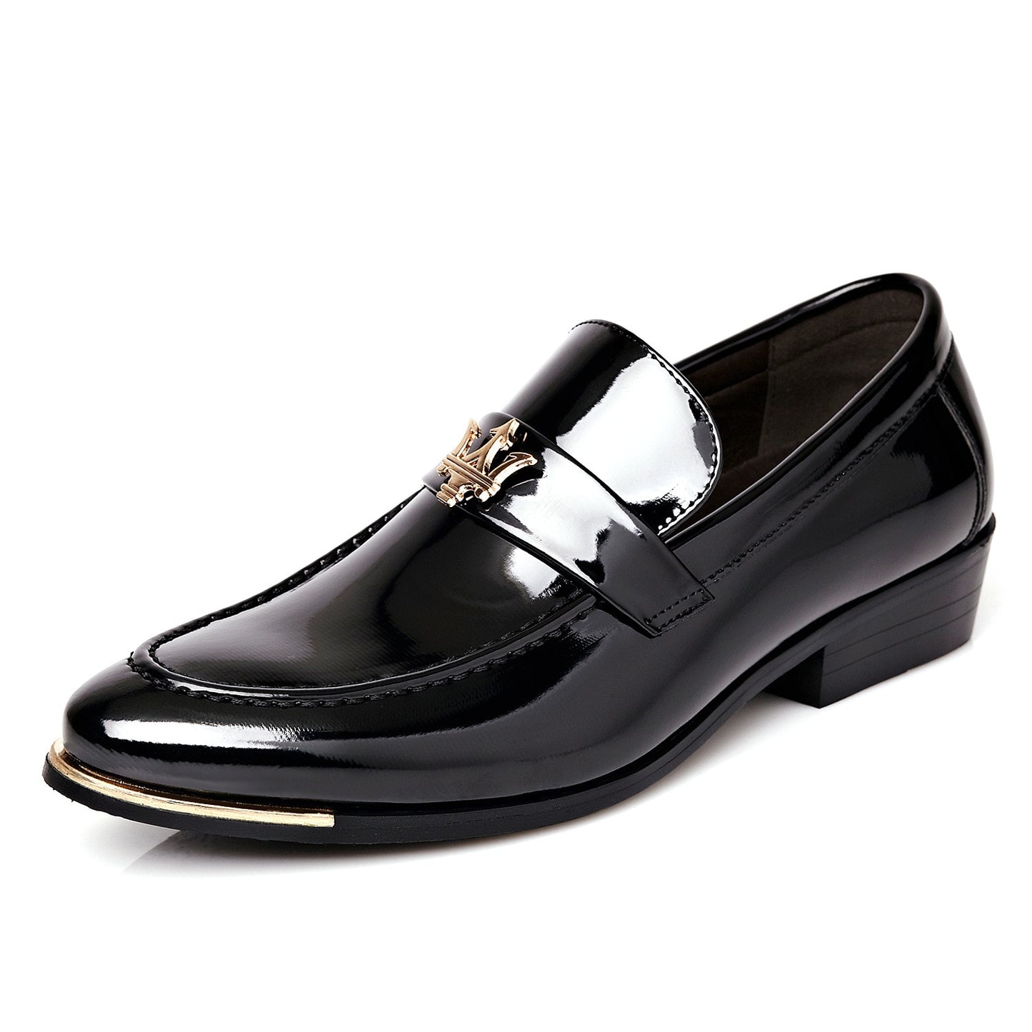 Luxury Patent Leather Men Pointed Toe Dress Shoes Slip On Metal Decorated Business Gentleman Party Men Shoes Black Blue