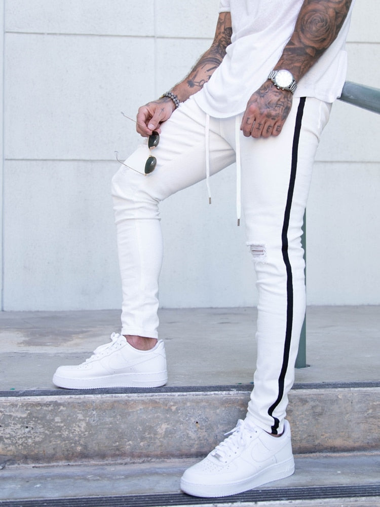 Men's Ripped Pencil Pants Men Skinny Denim Biker Side Striped Jeans Men's Fashion Foot Mouth Zipper Hip-Hop Slim Denim Trousers