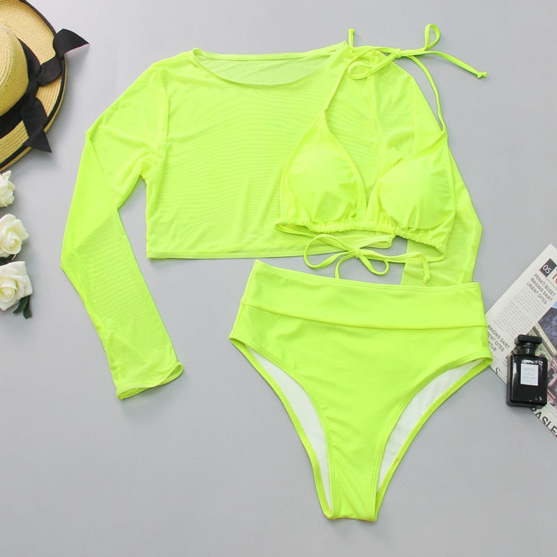 Neon Yellow Crop Top Swimwear Women Summer Sexy Beachwear Mesh Long Sleeve Cover Ups Top Three Piece Swimsuit Bikini Set