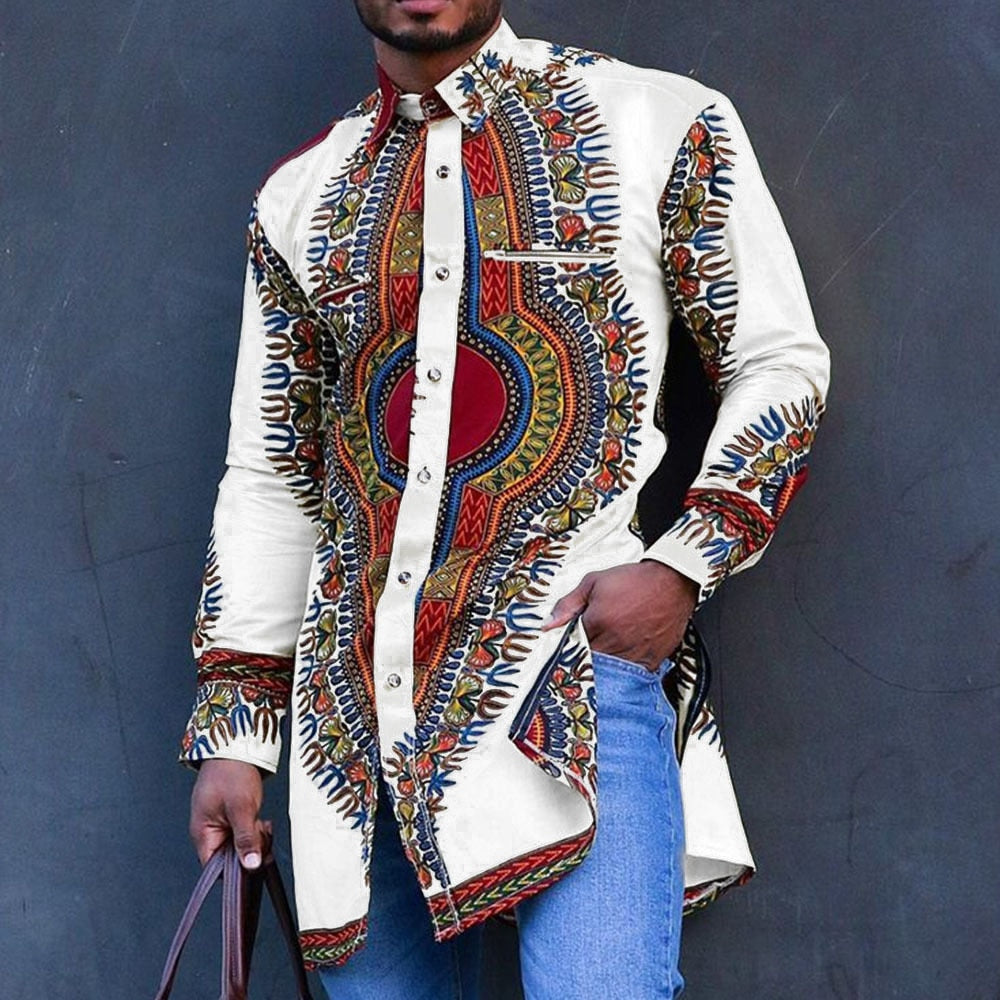 Autumn and Spring Fashion Style African Men Printing Polyester Plus Size Shirts M-4XL