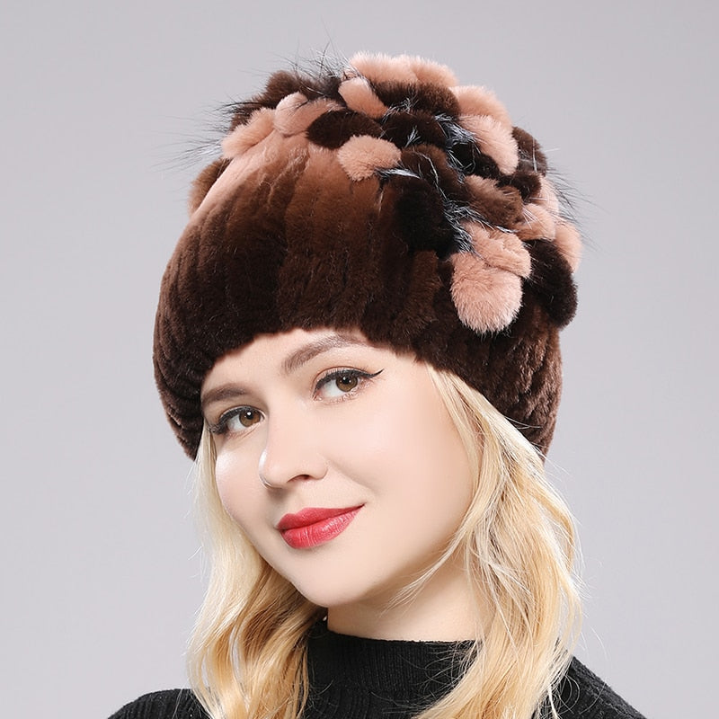 Brand Women Genuine Rex Rabbit Fur Hats Winter Rex Rabbit Fur Beanies Striped Top Flower Fox Fur Warm Real Fur Knit Caps