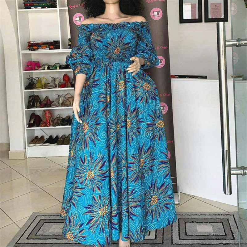 African National Print Party Dress Women Casual Sexy Slash-neck Lady Maxi Dress New Vintage Long-sleeved Loose Elegant Dresses