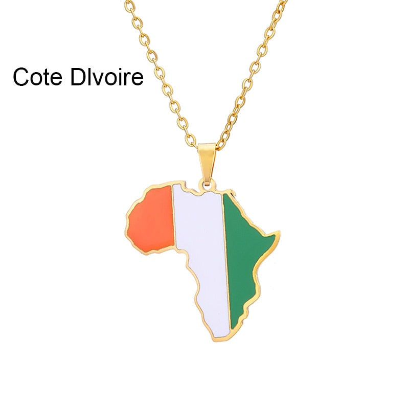 Africa Map Flag Pendant Necklace Gold Color Stainless Steel Ghana Nigeria Congo Somalia Angola Liberia African Jewelry Gift