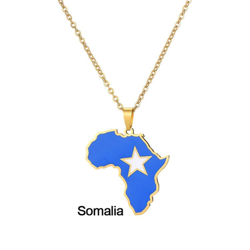 Africa Map Flag Pendant Necklace Gold Color Stainless Steel Ghana Nigeria Congo Somalia Angola Liberia African Jewelry Gift