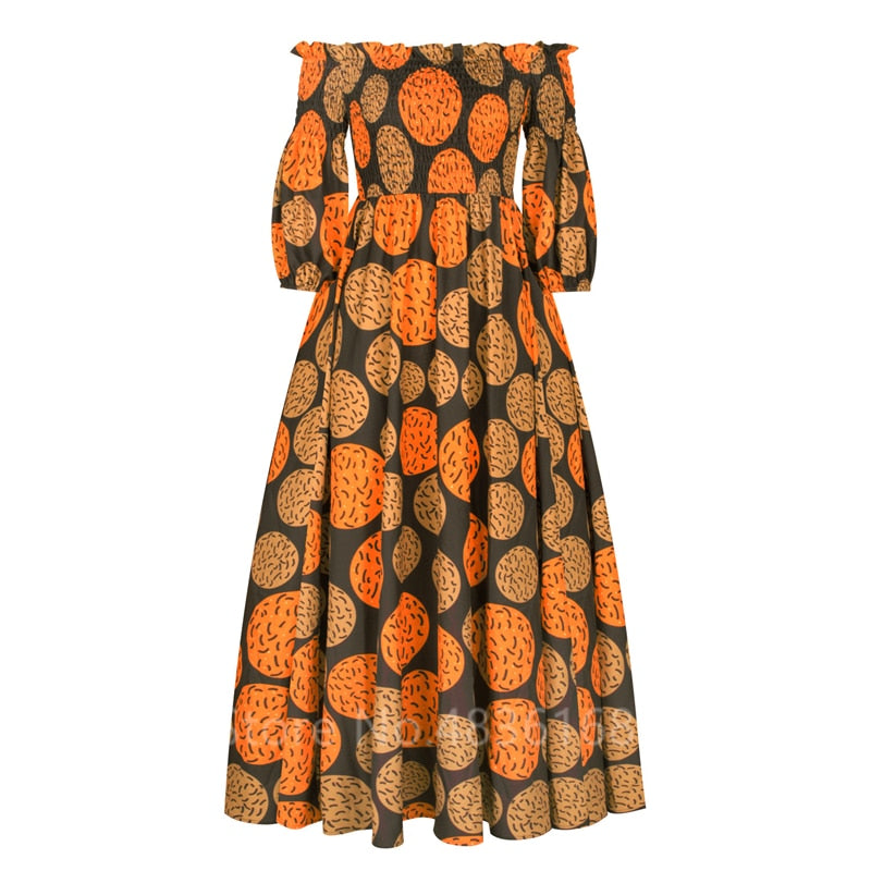 African National Print Party Dress Women Casual Sexy Slash-neck Lady Maxi Dress New Vintage Long-sleeved Loose Elegant Dresses