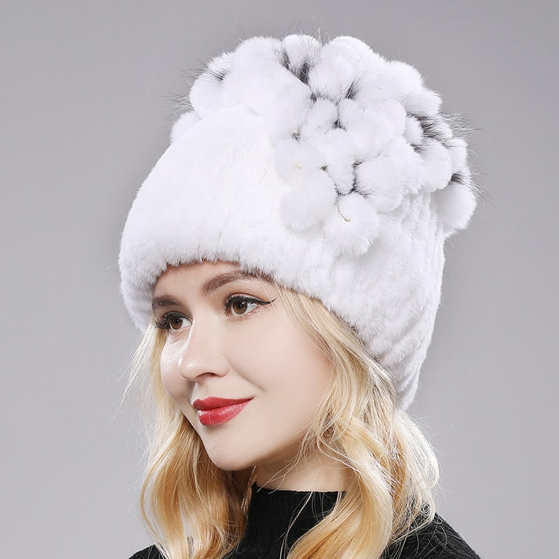 Brand Women Genuine Rex Rabbit Fur Hats Winter Rex Rabbit Fur Beanies Striped Top Flower Fox Fur Warm Real Fur Knit Caps