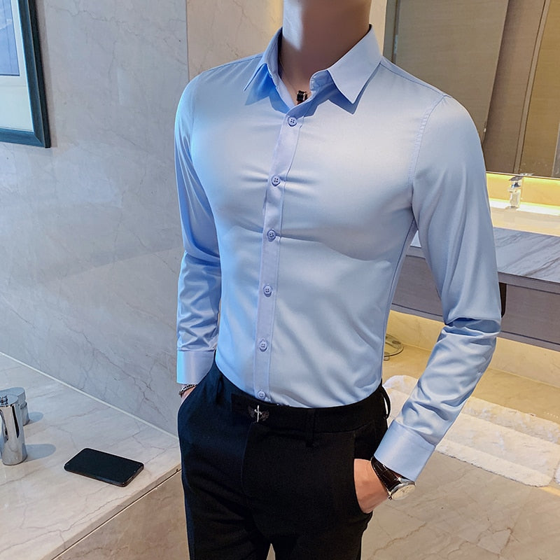 New Men's Slim Fit Long Sleeve Shirt - Fashionable Korea Styles, Available in Small Sizes for Casual and Social Occasions, in Yellow, Green, and White.