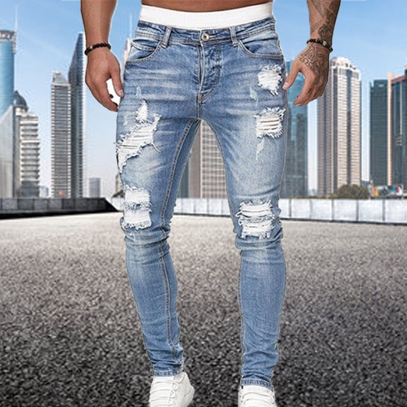 Fashion Street Style Ripped Skinny Jeans Men Vintage wash Solid Denim Trouser Mens Casual Slim fit pencil denim Pants hot sale