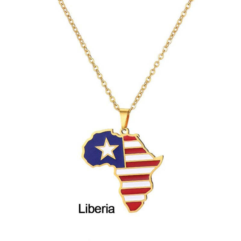 Africa Map Flag Pendant Necklace Gold Color Stainless Steel Ghana Nigeria Congo Somalia Angola Liberia African Jewelry Gift