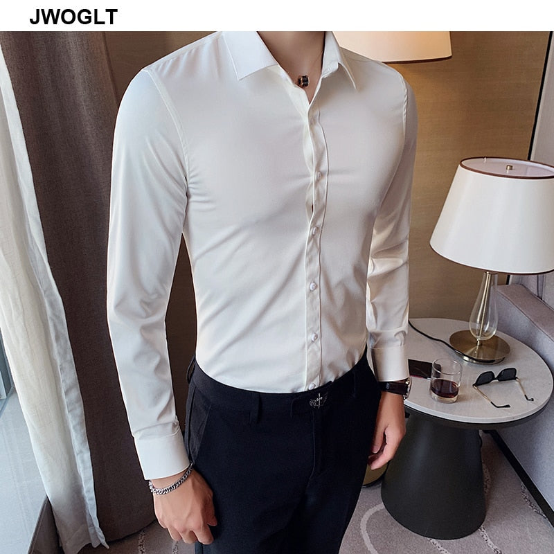 New Men's Slim Fit Long Sleeve Shirt - Fashionable Korea Styles, Available in Small Sizes for Casual and Social Occasions, in Yellow, Green, and White.