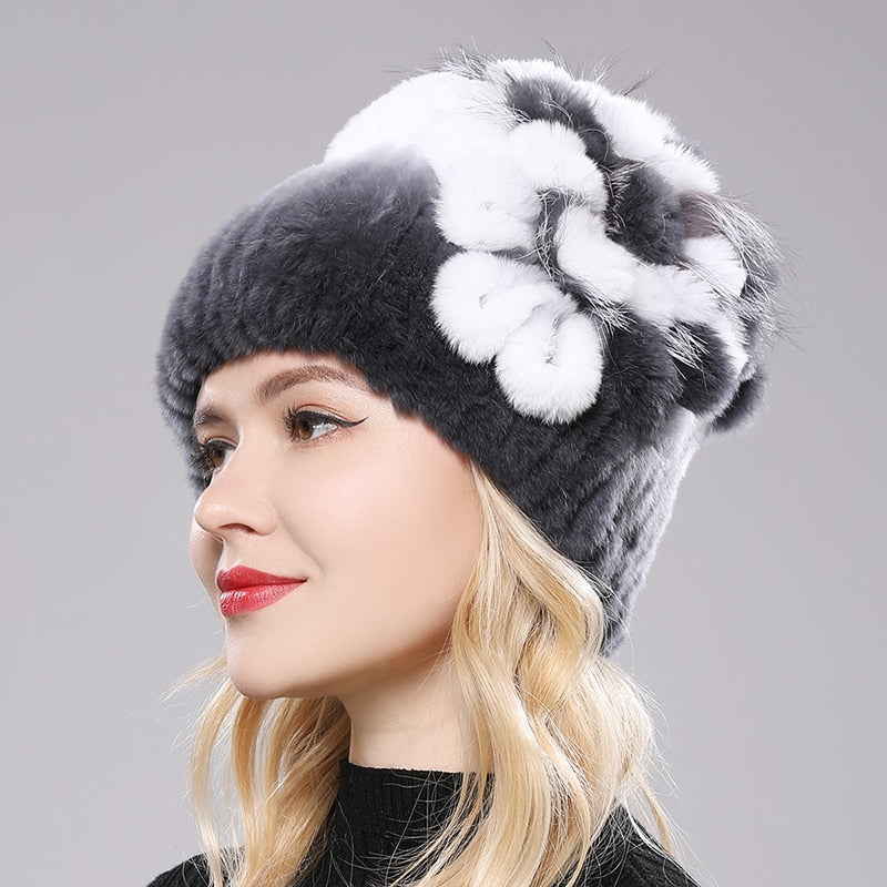 Brand Women Genuine Rex Rabbit Fur Hats Winter Rex Rabbit Fur Beanies Striped Top Flower Fox Fur Warm Real Fur Knit Caps