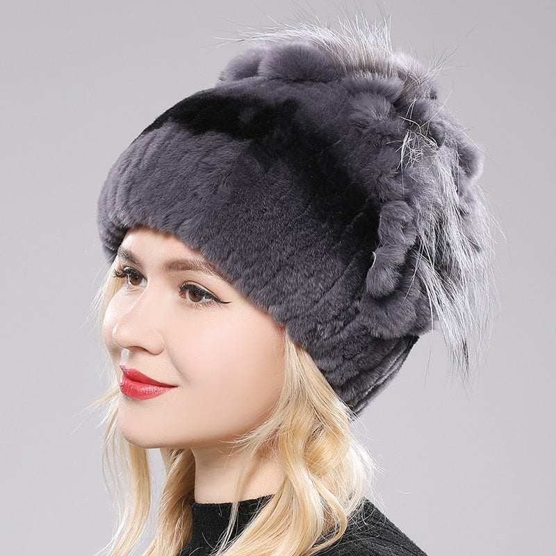 Brand Women Genuine Rex Rabbit Fur Hats Winter Rex Rabbit Fur Beanies Striped Top Flower Fox Fur Warm Real Fur Knit Caps