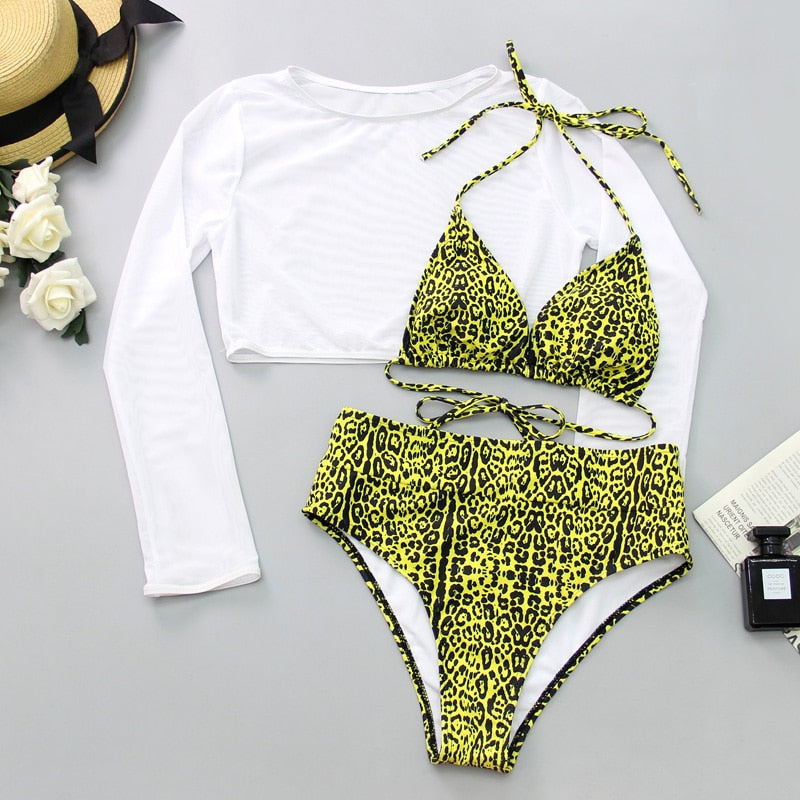 Neon Yellow Crop Top Swimwear Women Summer Sexy Beachwear Mesh Long Sleeve Cover Ups Top Three Piece Swimsuit Bikini Set