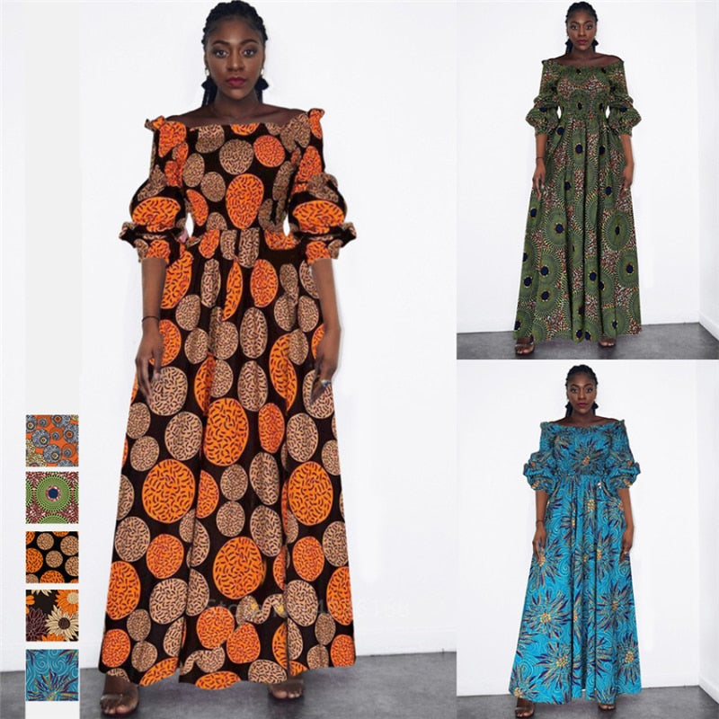 African National Print Party Dress Women Casual Sexy Slash-neck Lady Maxi Dress New Vintage Long-sleeved Loose Elegant Dresses