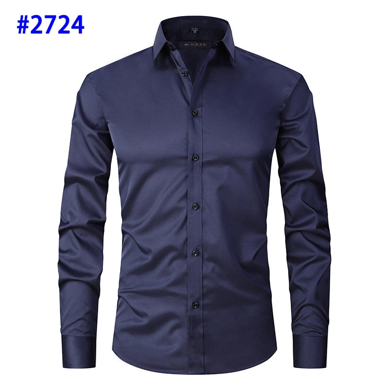 Men&#39;s Dress Shirts Casual Slim Fit Long Sleeve Male Social Shirts Comfortable Non Iron Solid Chemise Homme Blue