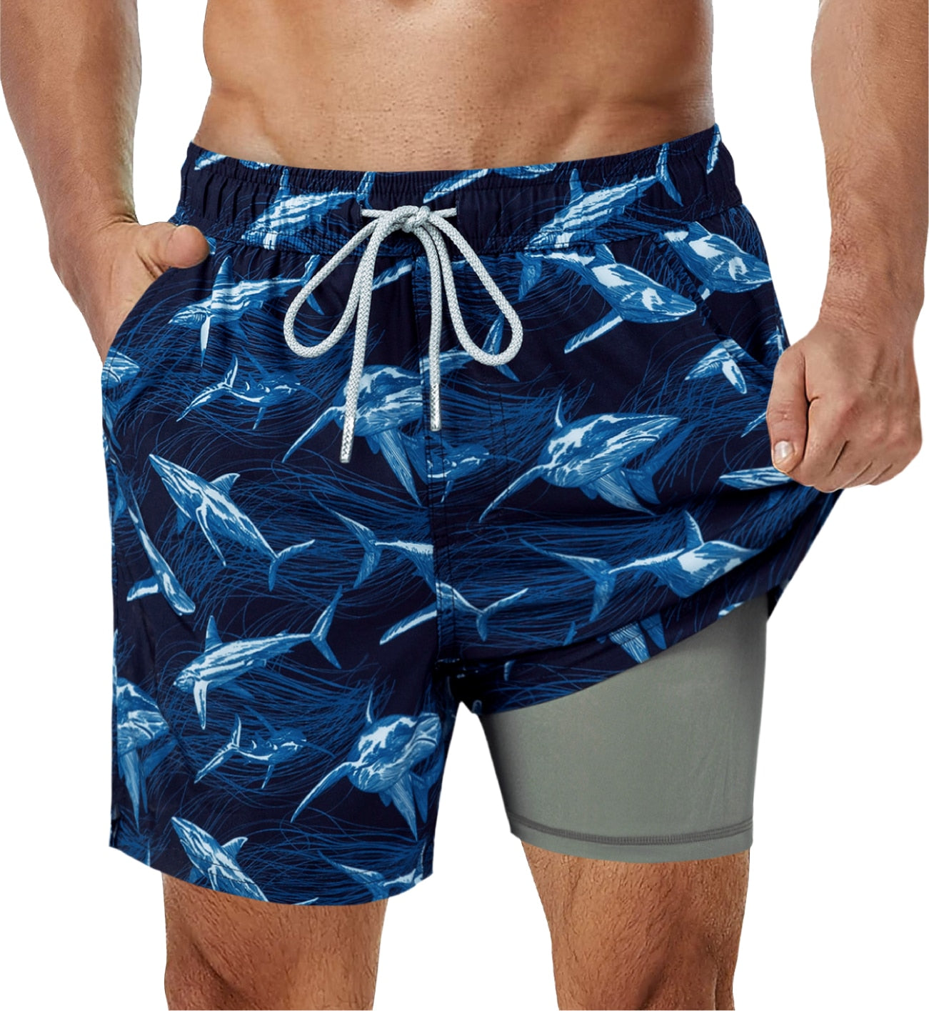 SURFCUZ Mens Swimming Trunks with Compression Liner Stretch Mens Swimwear 2 in 1 Quick Dry Running Gym Swim Shorts for Men