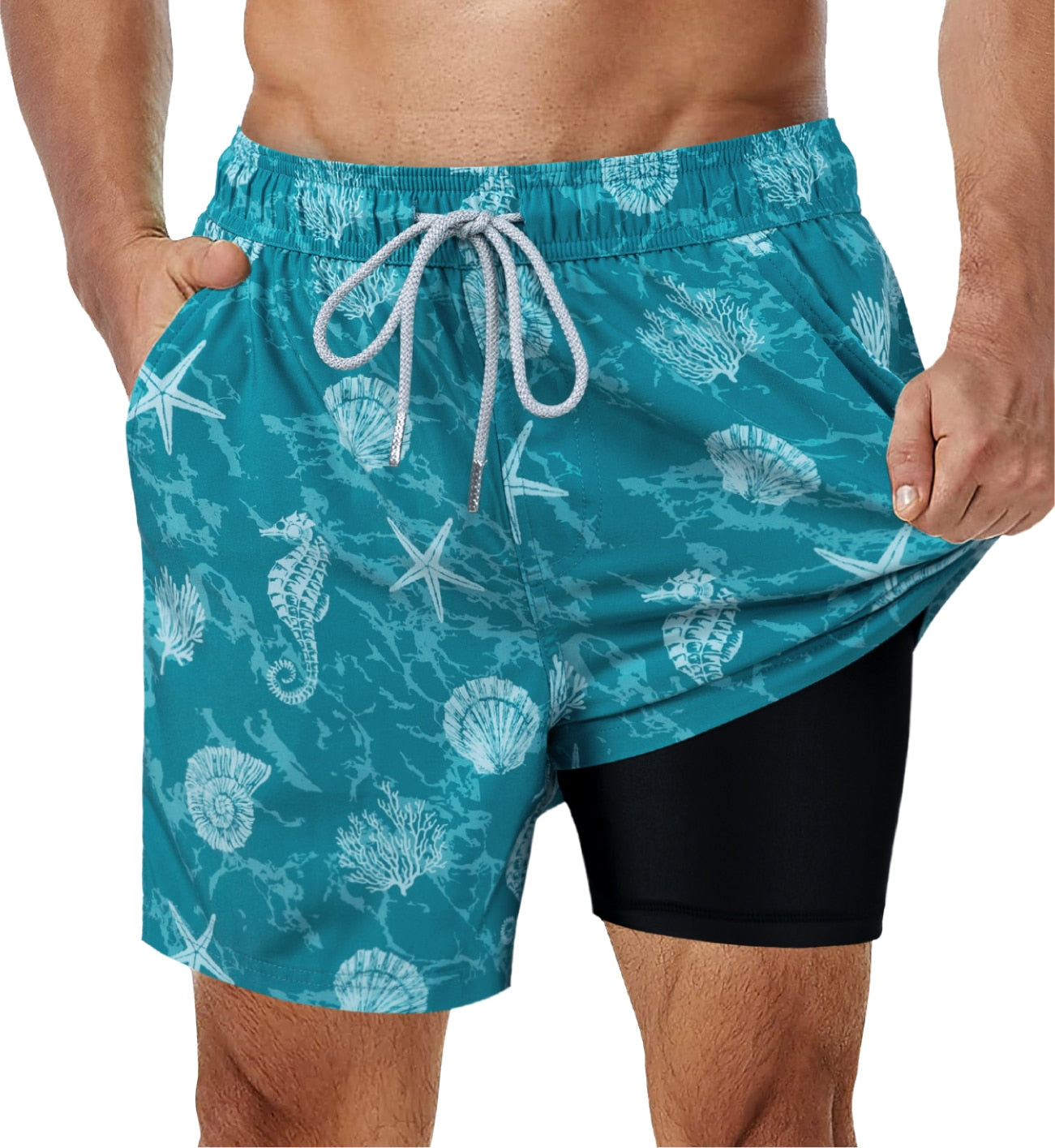 SURFCUZ Mens Swimming Trunks with Compression Liner Stretch Mens Swimwear 2 in 1 Quick Dry Running Gym Swim Shorts for Men