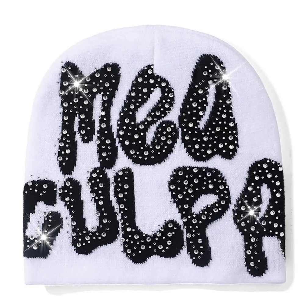 NEW Y2K MEA Culpa Beanies Hat with Rhinestone for Women Men Beanies Hats Hip-hop Soft Stretch Warm Knitted Slouchy Cap